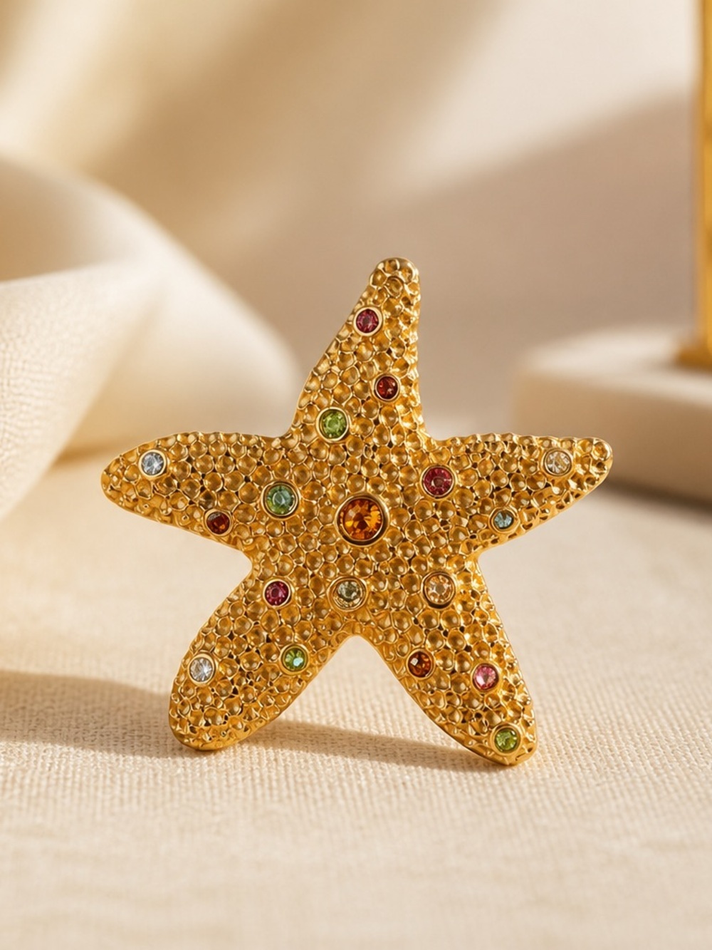 Gold Starfish Brooch with Multicolor Stones - Women Jewelry